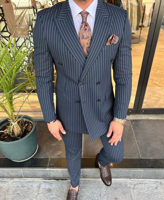 Traje azul marino con rayas, Cruzado, Chaqueta y Pantalón – x5544