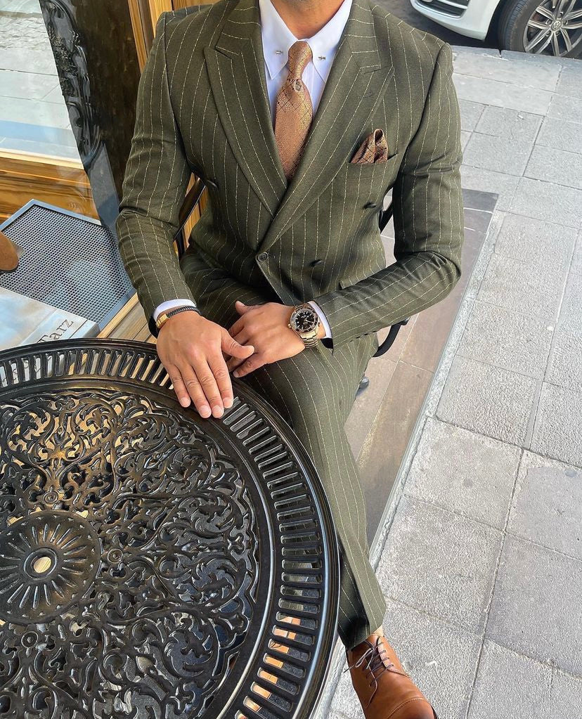 Traje verde con rayas, Cruzado, Chaqueta y Pantalón – w5547