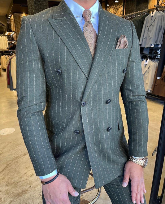 Traje verde con rayas, Cruzado, Chaqueta y Pantalón – w5547