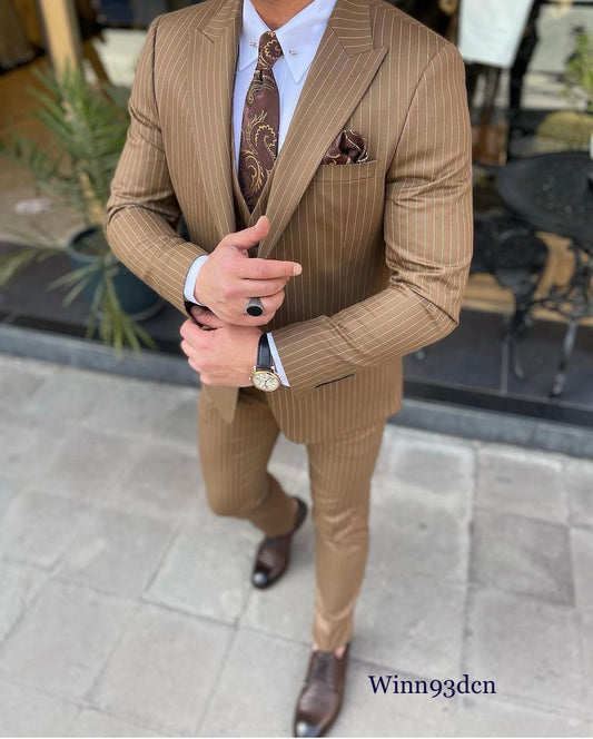 Traje marrón con rayas, Cruzado, Chaqueta y Pantalón – n2254